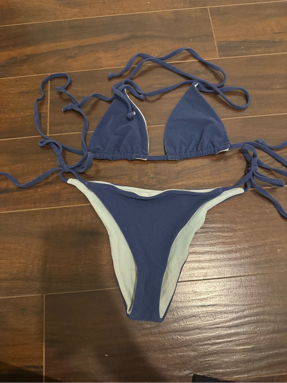 Daily Drills Navy and Light Blue Triangle Tie Reversible Bikini Set